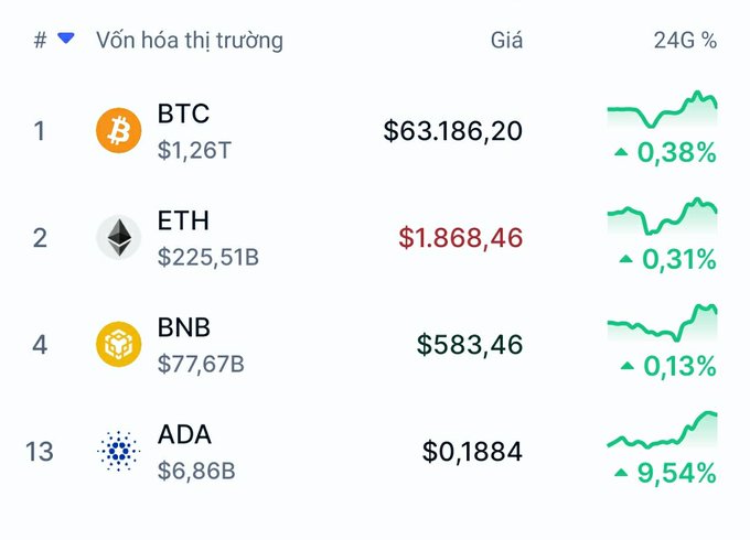 A cryptocurrency market chart showing prices: BTC at $63,186.20 (0.38% up), ETH at $1,868.46 (0.31% up), BNB at $583.46 (0.13% up), and ADA at $0.1884 (9.54% up), all with positive 24-hour performance.