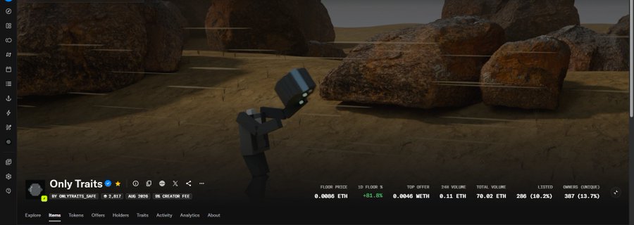 A screenshot of a blockchain trading platform displaying an NFT called 'Only Traits' with a floor price of 0.0086 ETH and a 24-hour volume of 0.11 ETH, set against a 3D rocky desert landscape.