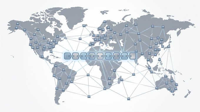 A world map illustration showing interconnected nodes and lines representing a global network, with a highlighted chain of nodes across the equatorial region.