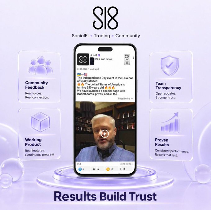 A promotional graphic for 'sl8' (SocialFi • Trading • Community) featuring a smartphone displaying the app, surrounded by feature icons for Community Feedback, Team Transparency, Working Product, and Proven Results, with the tagline 'Results Build Trust'.