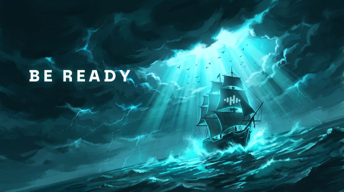The image depicts a dramatic, stormy seascape with a tall ship battling crashing waves beneath dark, lightning-filled clouds, accompanied by the bold text "BE READY" on the left side. This nautical theme aligns with the post's announcement of HertzFlow's mainnet launch, using the imagery of a ship weathering a storm as a metaphor for perseverance and preparation before the upcoming testnet rewards and mainnet arrival.