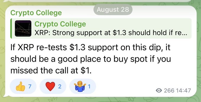 A Telegram message dated August 28 from "Crypto College" reads: "If XRP re-tests $1.3 support on this dip, it should be a good place to buy spot if you missed the call at $1." The post highlights how the channel accurately predicted XRP's bottom support at $1.30, celebrating another precise call.