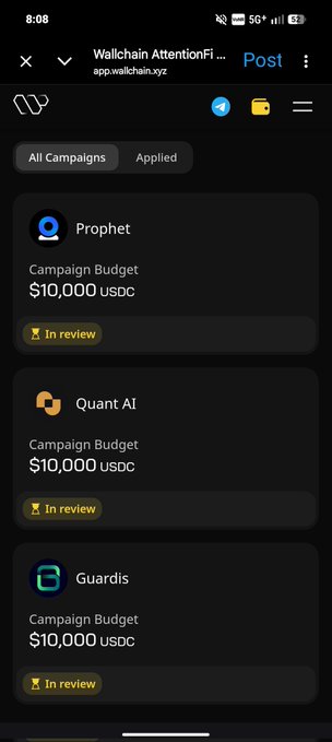 The image shows a cell phone screen that displays three different campaign budgets for various campaigns, including one with $10,000 USDC and another named "guarddis" suggesting this may be related to an app development team at Wallchain. Additionally, there is a note in the post section of the image which includes a screenshot showing some details about these campaigns on the post page, but no other text or descriptions are visible. The main focus of the image seems to revolve around the various campaign budgets and possibly an application for online advertisements.