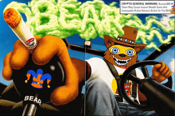 A meme-style image of a smiling bear character wearing a cowboy hat driving a car while holding a blunt, with the word "BEAR" in green smoke clouds and a "CRYPTO GENERAL WARNING" about the $BEAR token.