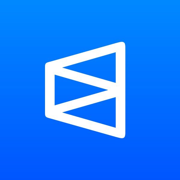 A white geometric triangular logo resembling a stylized letter on a solid blue background.
