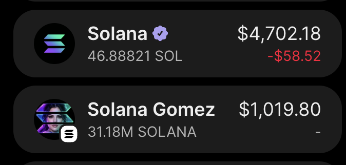 The image shows a cryptocurrency portfolio displaying 46.89 SOL (Solana) valued at $4,702.18 (down $58.52) and 31.18M SOLANA tokens (Solana Gomez) valued at $1,019.80. This illustrates the post's goal of holding more $SOLANA tokens than actual $SOL, as the user's SOLANA holdings (31.18M) already far exceed their SOL holdings (46.89).