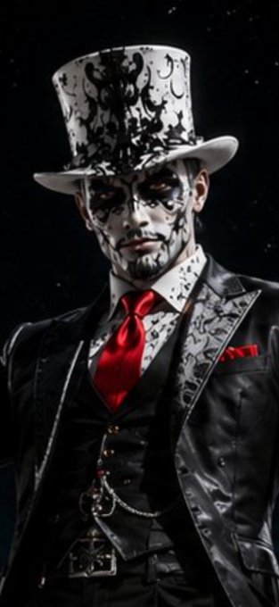 A stylized portrait of a man wearing an ornate black and white top hat and matching suit with a bright red tie, featuring elaborate face makeup/markings, against a dark background.