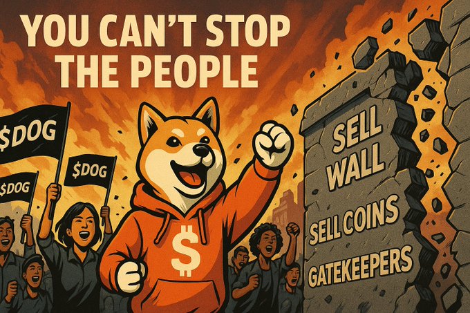 A protest-style meme illustration titled 'YOU CAN'T STOP THE PEOPLE' featuring an anthropomorphic Shiba Inu dog in an orange hoodie leading a crowd waving '$DOG' flags, smashing through a wall labeled 'SELL WALL, SELL COINS, GATEKEEPERS.'