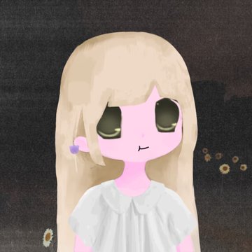 An animated portrait of a girl with long blonde hair, large eyes, and a small smile, wearing a white top against a dark background.