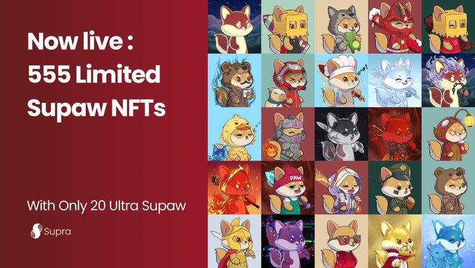 The image features a poster for a trading card game called "Supaw NFTs" with a large number of cute cartoon characters, including foxes and dogs, displayed across the poster. The text on the poster announces that the game is now live and invites people to join in by purchasing limited edition NFTs. The post also mentions that there are only 20 ultra Supaw NFTs available for purchase at this time.