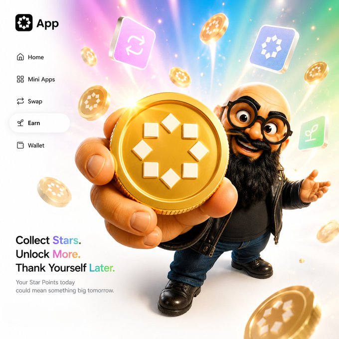A 3D-rendered promotional image for a crypto app featuring a bearded character in a leather jacket holding a large gold coin with a star logo, alongside navigation options (Home, Mini Apps, Swap, Earn, Wallet) and the text 'Collect Stars. Unlock More. Thank Yourself Later.'