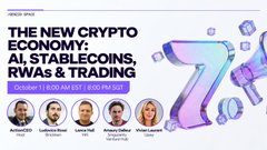 A live X Space thumbnail titled "THE NEW CRYPTO ECONOMY: STABLECOINS, RWAs & TRADING" hosted by Genzio and ActionCEO, featuring guests Ludovico Rossi (Brickken), Lance of Hifi (hifiHQ), Adalleur (SingularityVH), and Vivianonchain (UPayOfficial), with a futuristic purple robot illustration in the background.