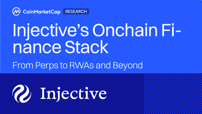 A CoinMarketCap Research report titled "Injective's Onchain Finance Stack: From Perps to RWAs and Beyond" featuring the Injective logo, highlighting the platform's finance-focused Layer 1 capabilities including perpetuals, real-world assets, and native USDC settlement.