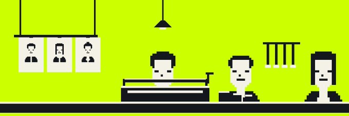 A pixel art scene depicting three people at what appears to be a counter or service desk, with three ID card photos hanging on the lime green wall behind them.