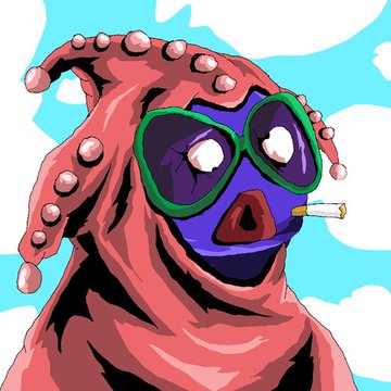 A digital drawing features a purple-skinned character wearing large green sunglasses, smoking a cigarette, and draped in a red hood with tentacle-like appendages.