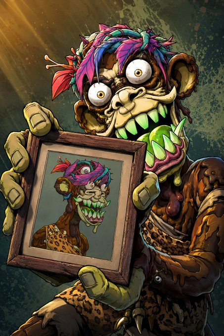 A grotesque, cartoonish mutant character with bulging eyes, a wide toothy grin, a feather headdress, and leopard print clothing proudly holds up a framed portrait of itself, tying in with the celebratory message marking 5 years of the Mutant Ape Yacht Club (MAYC) #85 and its community.
