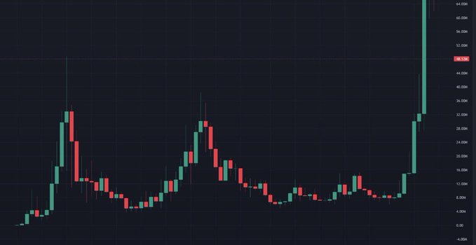 A cryptocurrency candlestick chart shows a price rallying in a large green candle to around $46,000, after a multi-year period of consolidation between roughly $3,000 and $30,000 with both green and red candles. This matches the caption's humor about how long-term charts always seem to end with a dramatic green surge, as people only celebrate the buying of green candles rather than the red dips.