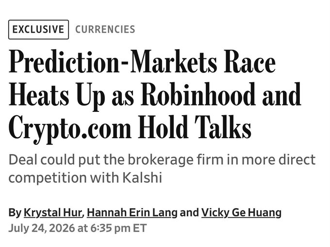 A WSJ exclusive headline reads "Prediction-Markets Race Heats Up as Robinhood and Crypto.com Hold Talks," with a subheading noting the deal could put the brokerage in more direct competition with Kalshi. The image aligns with the accompanying post reporting that $HOOD and Crypto.com are in talks about a prediction markets partnership.