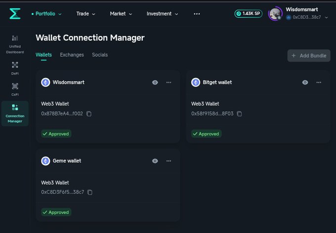 A Wallet Connection Manager dashboard showing three approved Web3 wallets (Wisdomsmart, Bitget wallet, and Gems wallet) with their respective addresses and 1.43K SP balance.