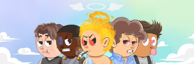 A cartoon illustration featuring five characters with angel wings and halos, with a central character displaying fiery orange hair and a white toga.