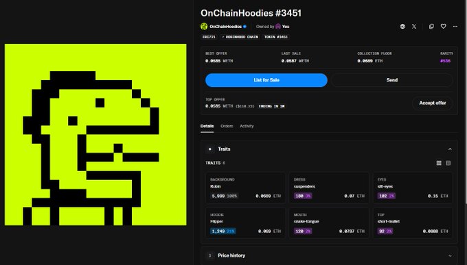 NFT listing page for OnChainHoodies #3451 showing a pixelated green dinosaur/hoodie character with traits including 'suspenders', 'sith-eyes', 'Flipper' hoodie, 'snake-tongue' mouth, and 'short-sleeve' top.