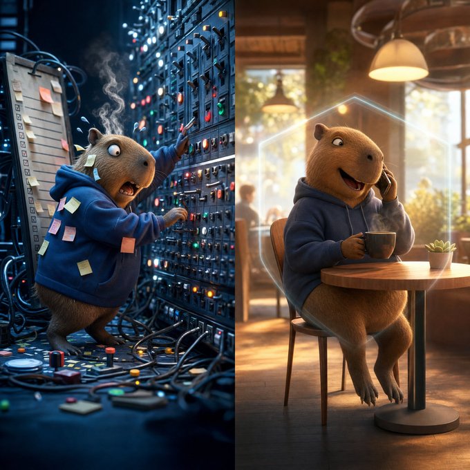 A split-screen illustration showing a capybara in two scenes: on the left, panicking while operating a complex server rack covered in sticky notes, and on the right, calmly sipping tea at a café table.