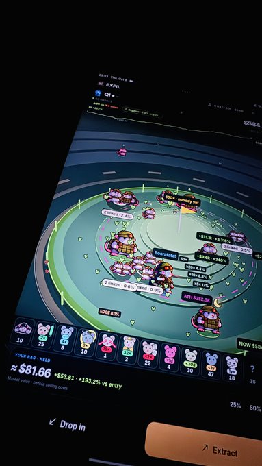 Screenshot of a cryptocurrency gambling app showing a roulette-style game called 'Qi' with a current prize of $81.66 and various character avatars at the bottom.