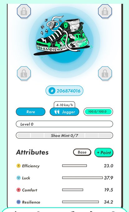 A mobile app screen displaying a digital sneaker NFT with attributes Efficiency (23.0), Luck (37.9), Comfort (19.5), and Resilience (34.2), labeled as Rare, Level 0, Jogger type, and ID #206874016.