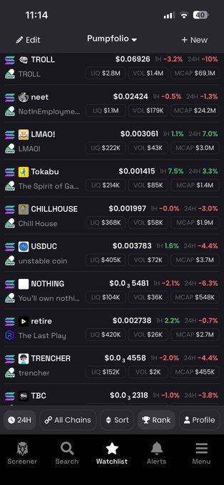 The image shows a phone screen displaying a list of cryptocurrency names, including Bitcoin, Toku, and others. The text "Ok enough OG animals on USDC. It's time to relaunch the Pumpfolio V1 on USDC" is also present in the image. This suggests that the user might be interested in investing or trading these cryptocurrencies, possibly after reading about them in a post.
