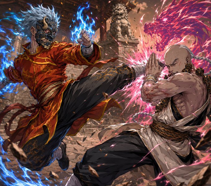A dramatic digital artwork depicting two martial artists in combat, with the character on the left emanating blue flames and the character on the right producing a pink energy dragon.