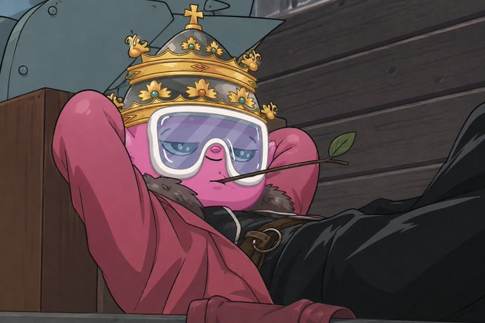 A pink cartoon character wearing an ornate golden crown and ski goggles lounges casually while holding a leaf in its mouth, projecting a relaxed, "chill king" vibe that matches the post's laid-back Friday mood and its confidence about navigating the NFT/opensea "degen" scene without getting burned.