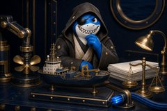 A 3D-rendered character in a hooded jacket and mask working with brass nautical instruments, telescopes, and a model ship in a dimly lit study.