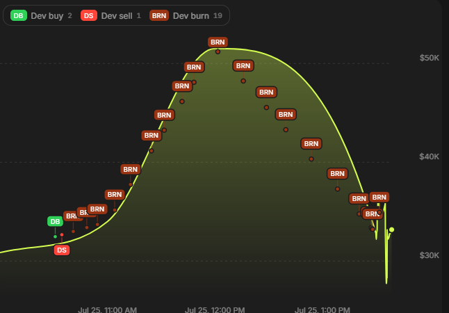 A financial chart showing a price curve peaking near $50K with markers labeled "DB Dev buy 2", "DS Dev sell 1", and multiple "BRN Dev burn" events between July 25, 11:00 AM and 1:00 PM.