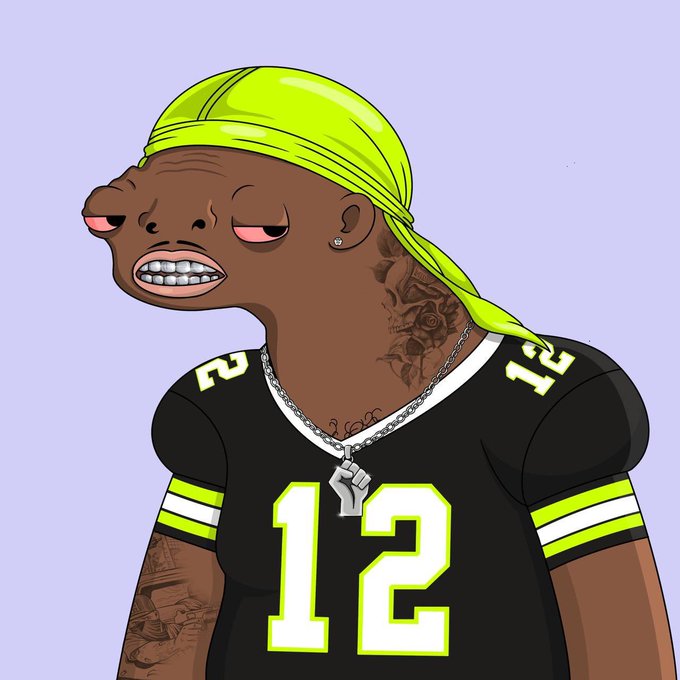 A cartoon illustration depicts a stylized character wearing a neon yellow durag and a black "12" jersey, looking unimpressed.