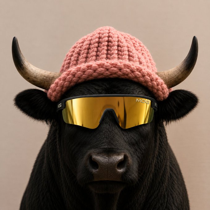 A black bull wearing a pink knit beanie and gold reflective sunglasses with "MOG" text on the side, against a neutral beige background.

The image playfully ties into the bullish crypto hype post, with the confident, sunglasses-wearing bull serving as a mascot for the "BULLWIF" token and its upcoming milestones like the JUP verification and CoinGecko listing.