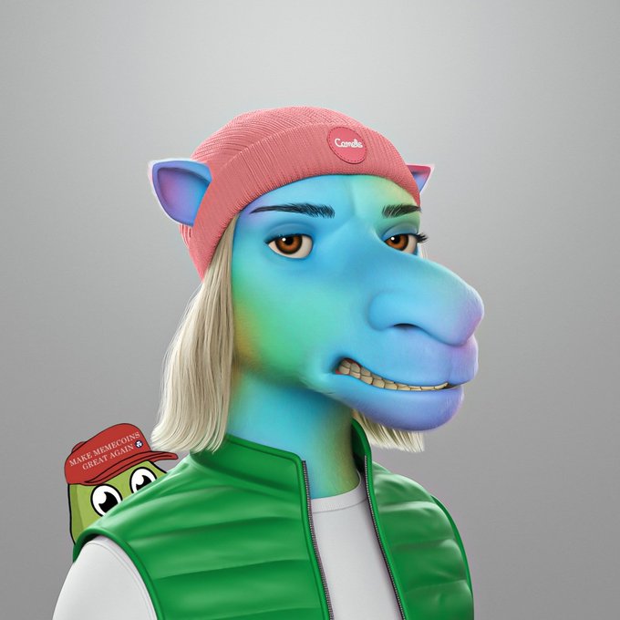A 3D rendering of a blue, anthropomorphic creature with a long snout, wearing a pink beanie labeled 'Candy' and a green puffy vest, with a small green companion peeking out from behind wearing a 'Make Mexico Great Again' hat.