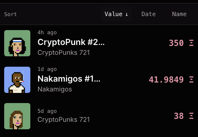 The image shows a sorted NFT list by value, featuring a CryptoPunk #2... from CryptoPunks 721 valued at 350, a Nakamigos #1... valued at 41.9849, and another CryptoPunks 721 item valued at 38, with timestamps of 4h ago, 1d ago, and 5d ago respectively. The image likely illustrates the "smoking guy" mentioned in the post—a dedicated NFT holder who remains committed to their stake (FWA) over time, as opposed to others who come to farm and leave, represented by the varying timestamps showing recent activity.