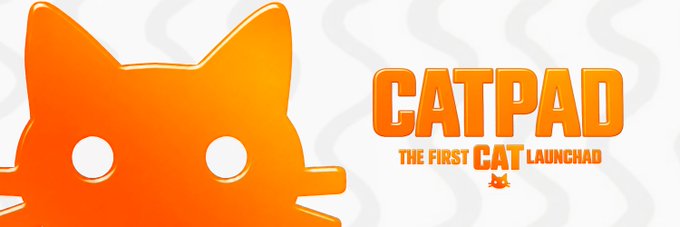 An orange 3D-rendered cat character with empty white eyes beside the bold text 'CATPAD - THE FIRST CAT LAUNCHPAD' on a white background with light gray cat silhouettes.