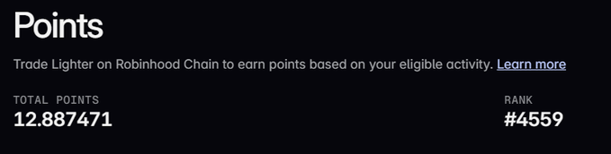 A Robinhood Chain points dashboard showing 12.887471 total points and rank #4559, with text about trading lighter to earn points based on eligible activity.
