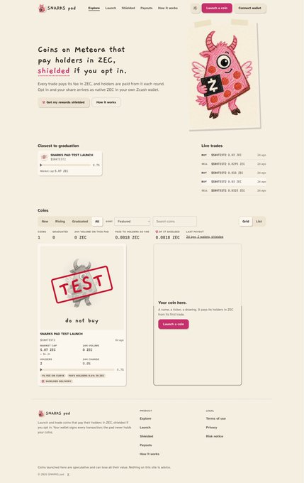 A screenshot of a SharkSwap interface showing rewards for testing and holding ZEC coins on the Meteora platform.