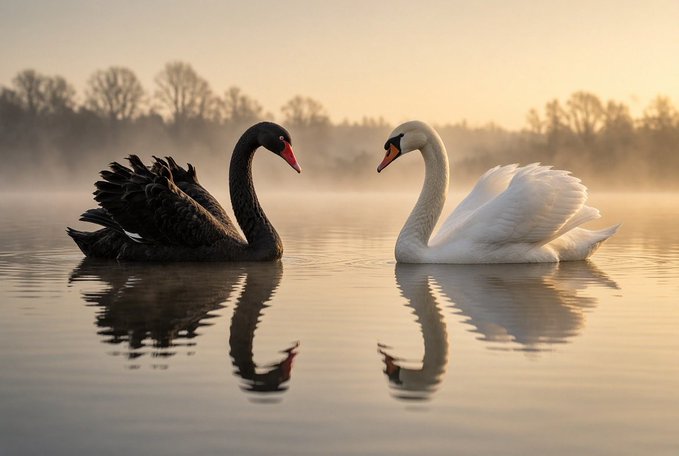 A black swan and a white swan face each other on a misty lake at dawn, their reflections mirrored in the calm water — visually representing the post's "BS vs WS" (Black Swan vs White Swan) metaphor for an impending rare market event tied to $XRP.