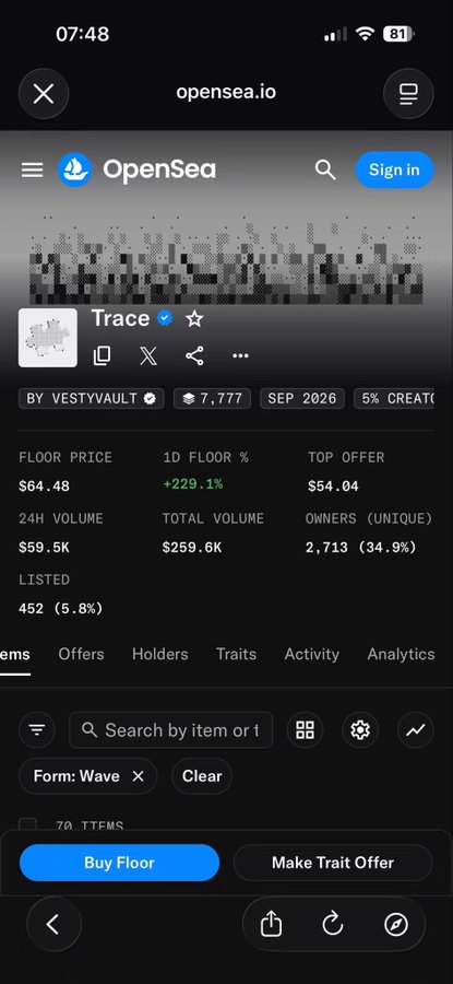 A mobile screenshot of OpenSea.io displaying an NFT collection called "Trace" by Vestyvault, showing stats like floor price $64.48, 1D floor +229.1%, 24H volume $59.5K, and total volume $259.6K.