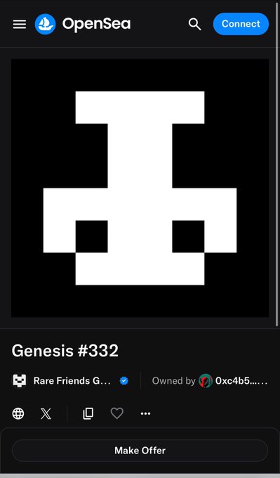 An OpenSea NFT listing displays a pixelated white skull-like icon on a black background for "Genesis #332" from the Rare Friends G... collection, owned by 0xc4b5..., aligning with the @RareFriendsNFT Genesis #332 reference.