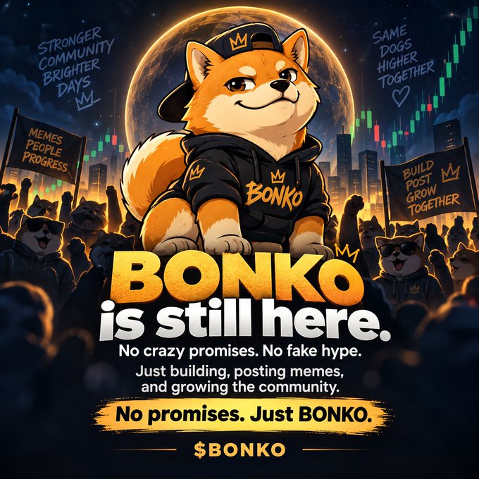 Promotional graphic for $BONKO cryptocurrency featuring a Shiba Inu mascot in a hoodie against a city skyline, with text reading 'BONKO is still here. No crazy promises. No fake hype. Just building, posting memes, and growing the community.' and signs saying 'Stronger Community Brighter Days', 'Memes People Progress', and 'Same Dogs Higher Together'.