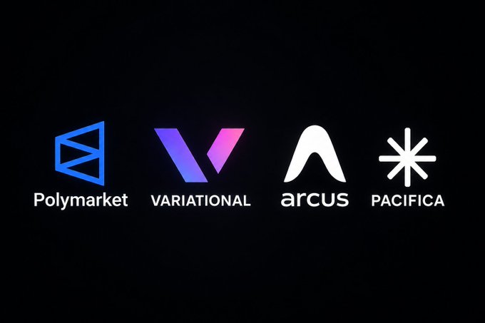 Black banner displaying four company logos in a row: Polymarket (blue), Variational (purple/pink), Arcus (white), and Pacifica (white).