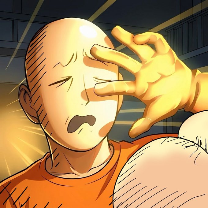 A dramatic anime-style illustration shows Saitama from One Punch Man being struck across the face by a glowing golden hand, his face distorted in pain.