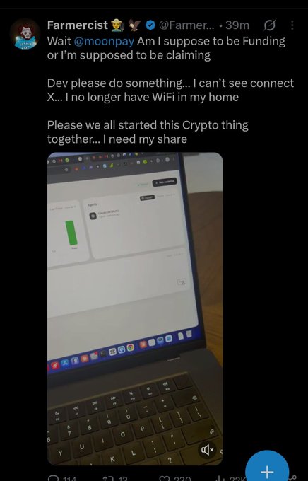 A screenshot of a tweet by Farmercist (@Farmer...) complaining to @moonpay about technical issues, stating 'I can't see connect X' and joking 'I no longer have WiFi in my home,' accompanied by a photo of a laptop screen.