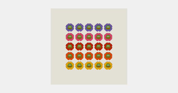 Grid pattern of smiling flower faces arranged in color rows of purple, pink, red, orange, and yellow on a cream background.