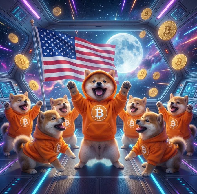 A vibrant digital artwork showing multiple Shiba Inu dogs wearing orange Bitcoin hoodies celebrating in a spaceship with an American flag, Bitcoin coins floating around, and a moon visible through the windows.