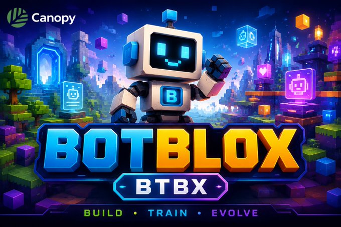 Promotional graphic for the cryptocurrency project BOTBLOX (BTBX) featuring a cartoon robot with a 'B' on its chest, set against a voxel-style landscape with the tagline 'BUILD • TRAIN • EVOLVE' and a Canopy logo.